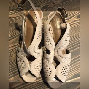 Size 6 Clarks peep toe suede heels with Cushion soul
L